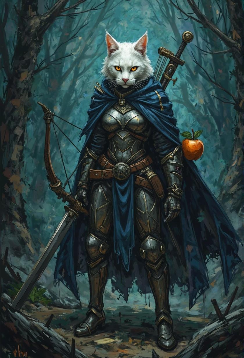 <lora:ck-Ivan-Beslic-Art-Style-000019.safetensors:1> A highly detailed and vibrant digital painting in the style of ck-ib
In this haunting environment, a powerful feline warrior stands tall, radiating an aura of unyielding determination. Her white fur glistens, while her orange eyes blaze with intensity. She wears metallic armor and a dark blue cloak adorned with a bow and quiver, holding a massive sword in her right hand. A small, vibrant orange apple hangs from her belt, adding a jarring pop of color to this desolate scene. The background is a muted teal, amplifying the drama of her posture and the eerie atmosphere that surrounds her.