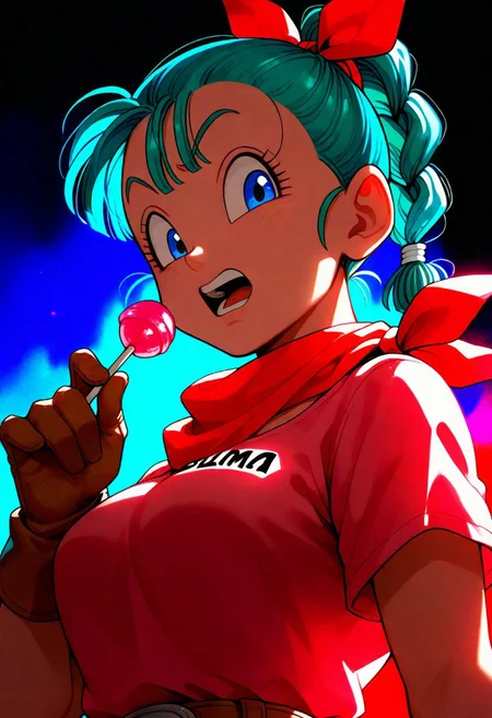 1girl, bulma, aqua hair, blue eyes,, teeth, solo,
outfit_db, single glove, brown glove, braid, pink dress, braided ponytail, scarf, red ribbon, short sleeves,
looking at viewer, open mouth, holding lollipop, chupa chups, upper body, from below, back lighting, dark, multicolored background, masterpiece, best quality, very aesthetic
