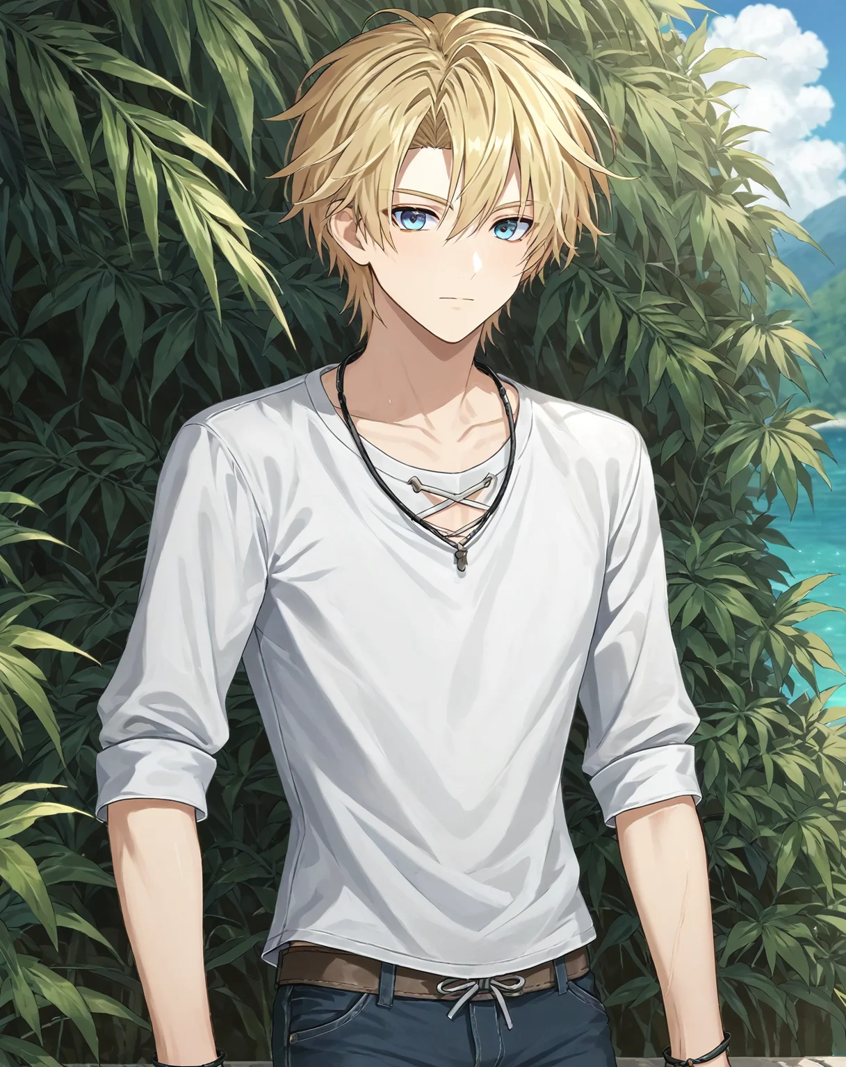 score_9, score_8_up, score_7_up, original style, depth of field, BREAK, rating_safe, 1boy, solo, yaoi, male focus, cowboy shot, skinny, <lora:brammashell_pony:1> brammashell_gc, blonde hair, blue eyes, short hair, hair between eyes, bangs, casual, pants, looking at viewer, facing viewer, outdoors, day,<lora:sdxl_lightning_8step_lora:1> <lora:xl_more_art-full_v1:0.5> <lora:Pony_DetailV2.0:1> <lora:Pony_QualityV4.0:1>