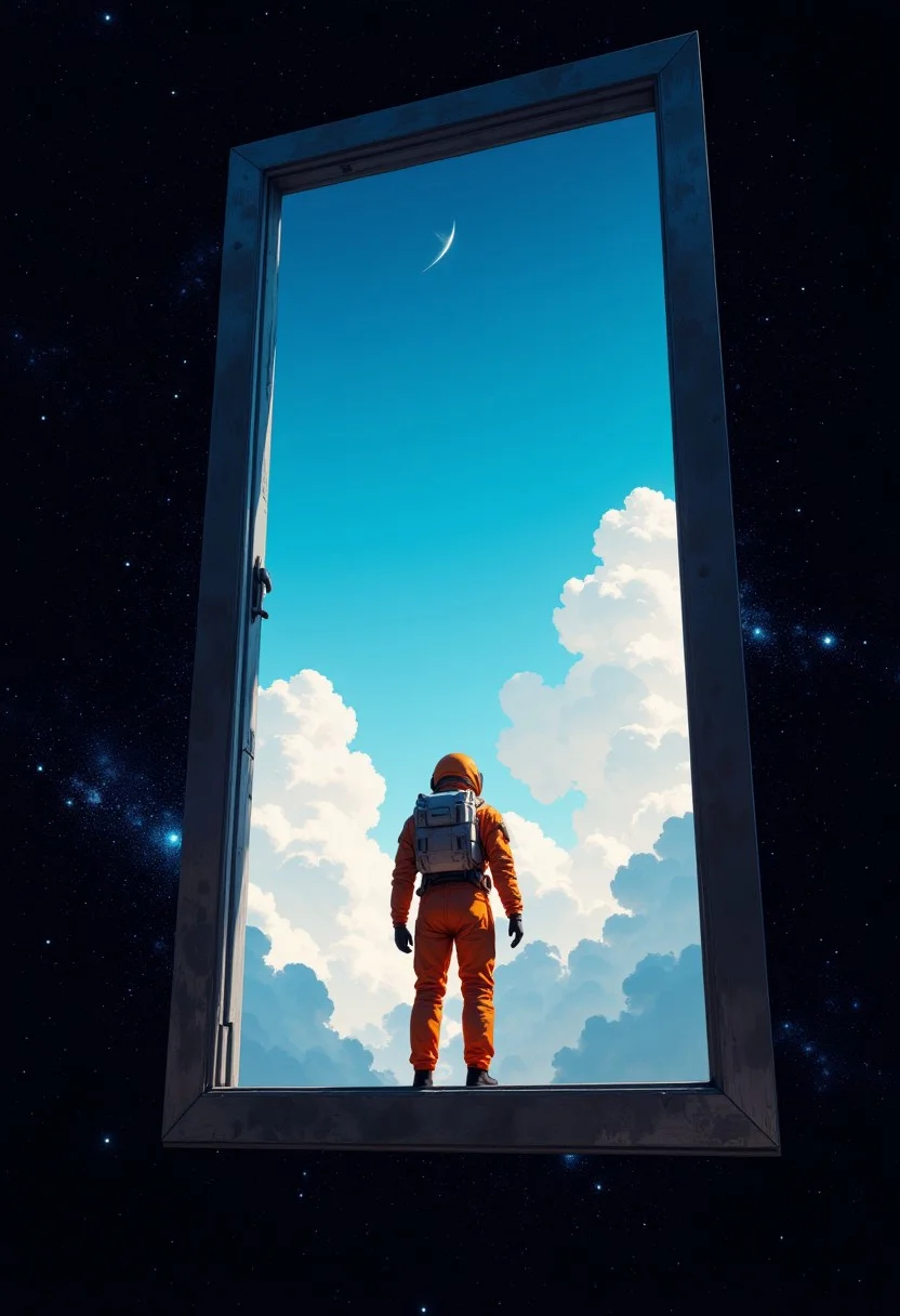 A surreal cosmic scene: an astronaut in a bright orange suit stands at an open door floating in deep space. Through the door, a vibrant blue sky with fluffy white clouds is visible, creating a sharp contrast with the dark, star-filled background. The image emphasizes minimalism and the contrast between vastness and simplicity, evoking feelings of exploration and wonder