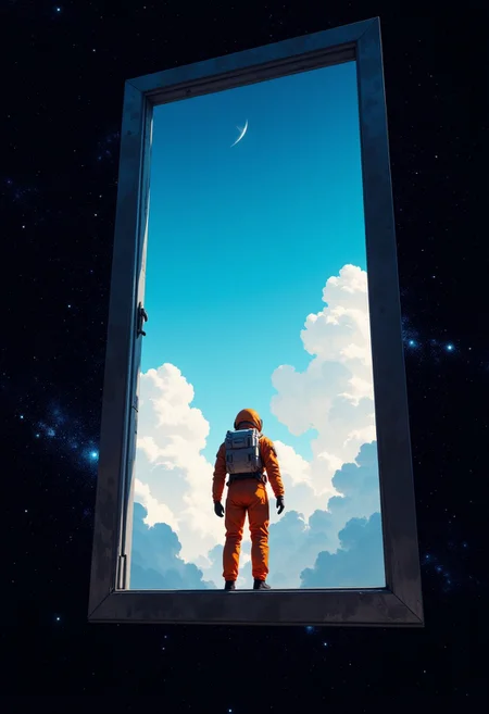A surreal cosmic scene: an astronaut in a bright orange suit stands at an open door floating in deep space. Through the door, a vibrant blue sky with fluffy white clouds is visible, creating a sharp contrast with the dark, star-filled background. The image emphasizes minimalism and the contrast between vastness and simplicity, evoking feelings of exploration and wonder