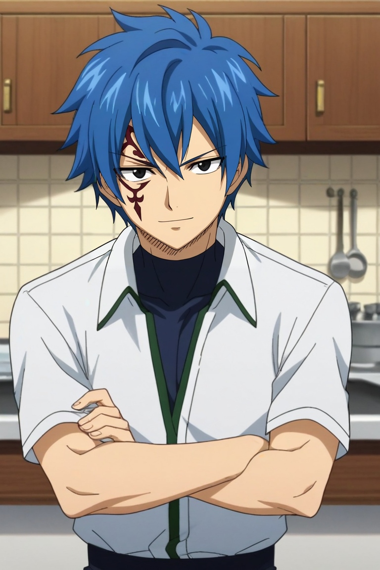 score_9, score_8_up, score_7_up, source_anime, rating_safe, intricate details, anime screencap, , , looking at viewer, depth of field, 1boy, solo, male focus, <lora:jellal_fernandes_pony:0.82>, jellal_fernandes, blue hair, black eyes, short hair, tattoo, facial mark, asymmetrical, kitchen, noon, arms under breasts, seductive smile, , <lora:sdxl_lightning_8step_lora:1>