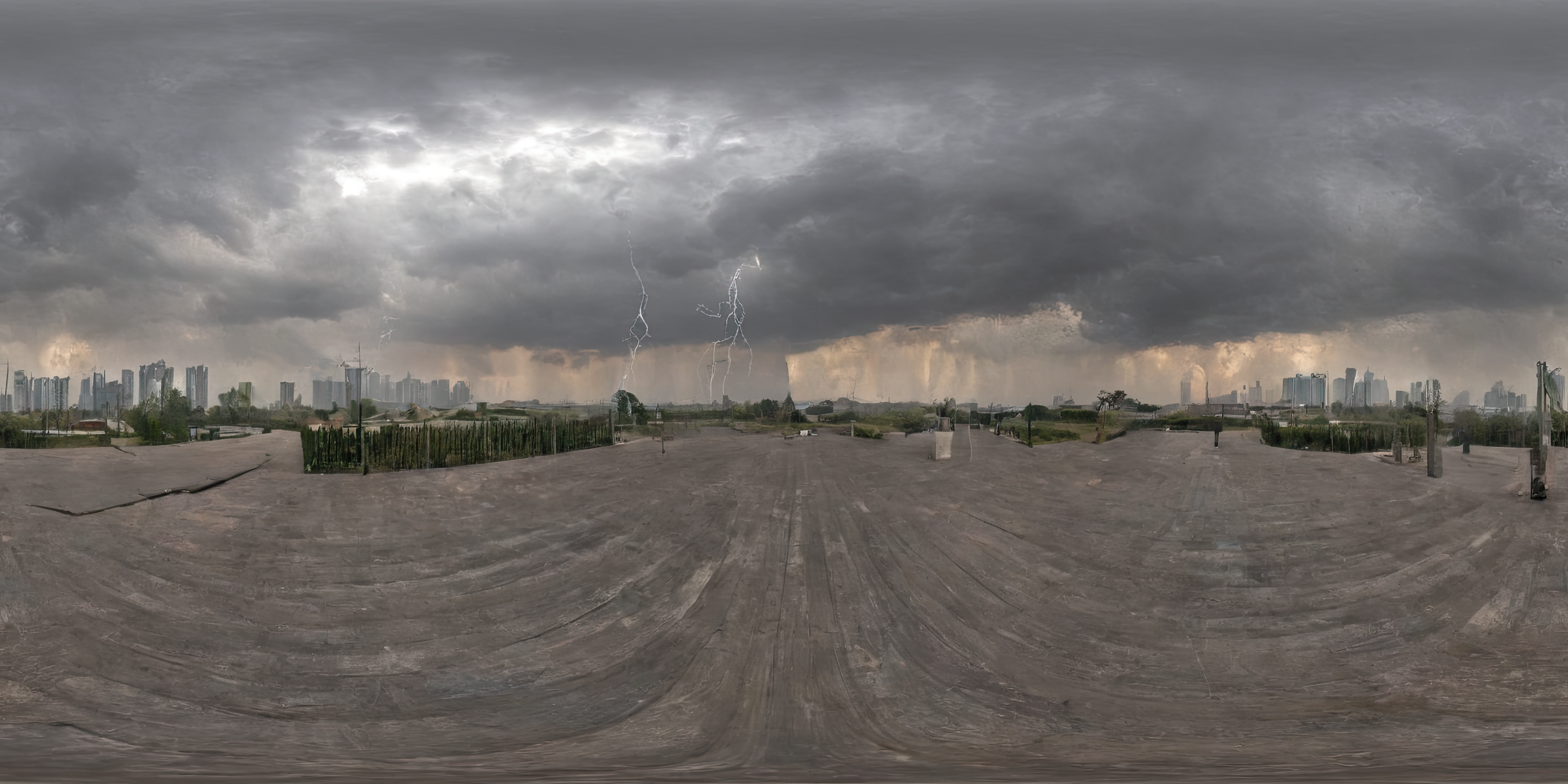 360panorama,Centered Horizon,No seams,<lora:HMSGXL_epoch_9:1>,A Sun,<lora:åå½±XL:1>,An abstract interpretation of a thunderstorm,with jagged bolts of lightning streaking across a tumultuous sky and torrents of rain lashing down upon a windswept landscape. The scene is charged with tension and energy,capturing the raw power of nature in motion. (masterpiece, award winning artwork),
many details,extreme detailed,full of details,
Wide range of colors,high Dynamic,