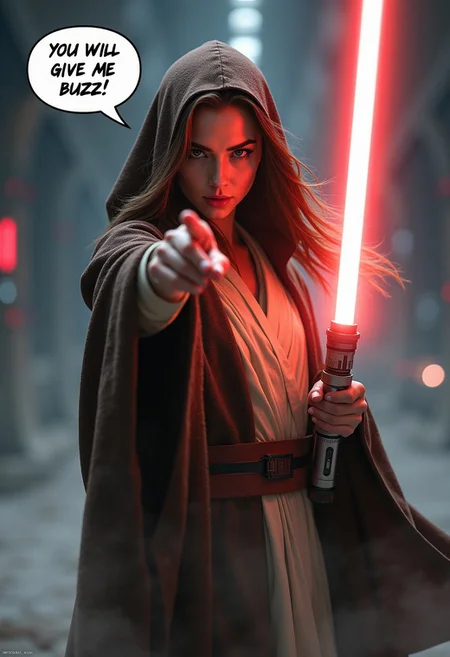 Ultrarealistic. A beautiful female Jedi standing confidently, one arm extended forward, holding a glowing lightsaber in a powerful stance. Her other arm is raised and three of the fingers pointed directly at the camera, exuding a commanding presence. She is dressed in classic Jedi robes with a hood, her face partially obscured but showing a determined expression. A speech bubble appears next to her, with bold text that reads, 'YOU WILL GIVE ME BUZZ'. The background is a dynamic, futuristic scene, with faint hints of a starry sky or a galactic setting.