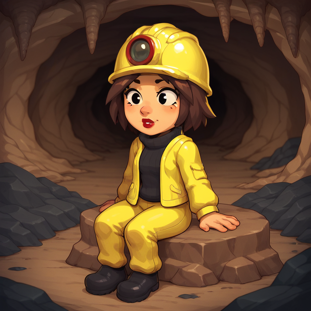 score_9_up, score_8_up, BREAK, TinaFlan, 1girl, solo, brown hair, short hair, black eyes, lipstick, yellow helmet, turtleneck sweater, yellow jacket, yellow pants, black footwear,  <lora:TinaFlan_Spelunky2_PXL_Leaf1:0.8>, cave interior, sitting on rock,
