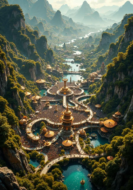 A sweeping aerial view encapsulating an immense gathering of thousands engaged in a dynamic, artistic festival within a lush, sustainable landscape. Immersive ceremonial rituals, futuristic art installations, and vibrant parades merge with organic eco-friendly structures, all interwoven with nature's expansive greenery and pristine bodies of water. The scene boasts intricate details of massive, surreal crowd formations that echo the pulse of creative expression, rendered in hyper-detailed 8k quality. Expansive atmospheric backdrops, breathtaking natural light, and vivid gradients complement the harmonious fusion of modern innovation and nature's timeless beauty. An epic tapestry of sustainable design, immersive art, and exquisite biodiversity, all converging in a mesmerizing celebration of human creativity and environmental unity. <lora:FluxMythR3alisticF:0.8> <lora:ç»ªå¿ CG飿»¤éFLUX:0.3> <lora:Niji B:0.4> <lora:flux_dev:1>