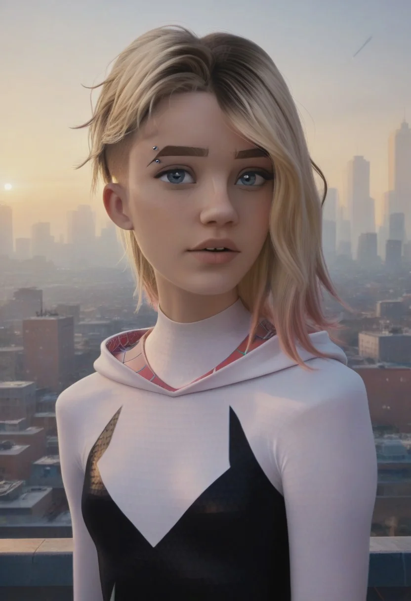 score_9, score_8_up, score_7_up, realistic photo of gwnstc, 1girl, unique angle, unique framing, (looking at viewer), parted lips, 1girl, blonde hair with pink dip-dye, undercut bob, blue eyes, eyebrow piercing, hooded hero bodysuit, by loish, masterpiece, lips parted, slim figure, petite, nyc skyline in background, sunset, , side lighting, warm lights