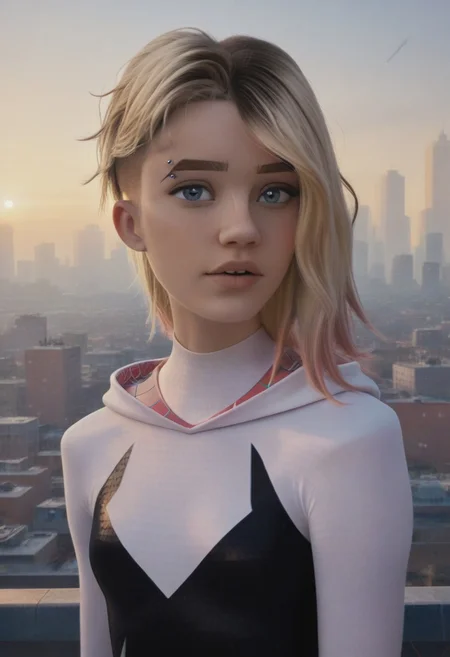 score_9, score_8_up, score_7_up, realistic photo of gwnstc, 1girl, unique angle, unique framing, (looking at viewer), parted lips, 1girl, blonde hair with pink dip-dye, undercut bob, blue eyes, eyebrow piercing, hooded hero bodysuit, by loish, masterpiece, lips parted, slim figure, petite, nyc skyline in background, sunset, , side lighting, warm lights
