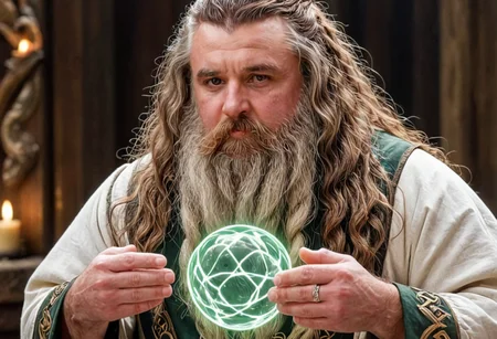 8k portrait photo of a young wizard staring at a huge glowing white magical orb the size of a football floating between his hands, wearing platinum jewelry with diamonds and colorful gemstones, huge braided brown beard, long wavy brown hair, BREAK rich medieval green and white robes, BREAK bushy eyebrows, male focus, bara, daddybear, obese, musclebound, serene, holy, solo, -hyperrealistic, wizard's workshop, ancient tomes, scrolls, <lora:Big_Braided_Beards:1> <lora:Dynamic Poses:1>