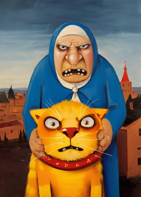 half body portrait russian very angry  old female in blue dress  holding the yellow cat by the tail cat holding sausage red city landscape on bg  oil painting art   <lora:LojkinXL:0.75>  <lora:add-detail-xl:0.6>