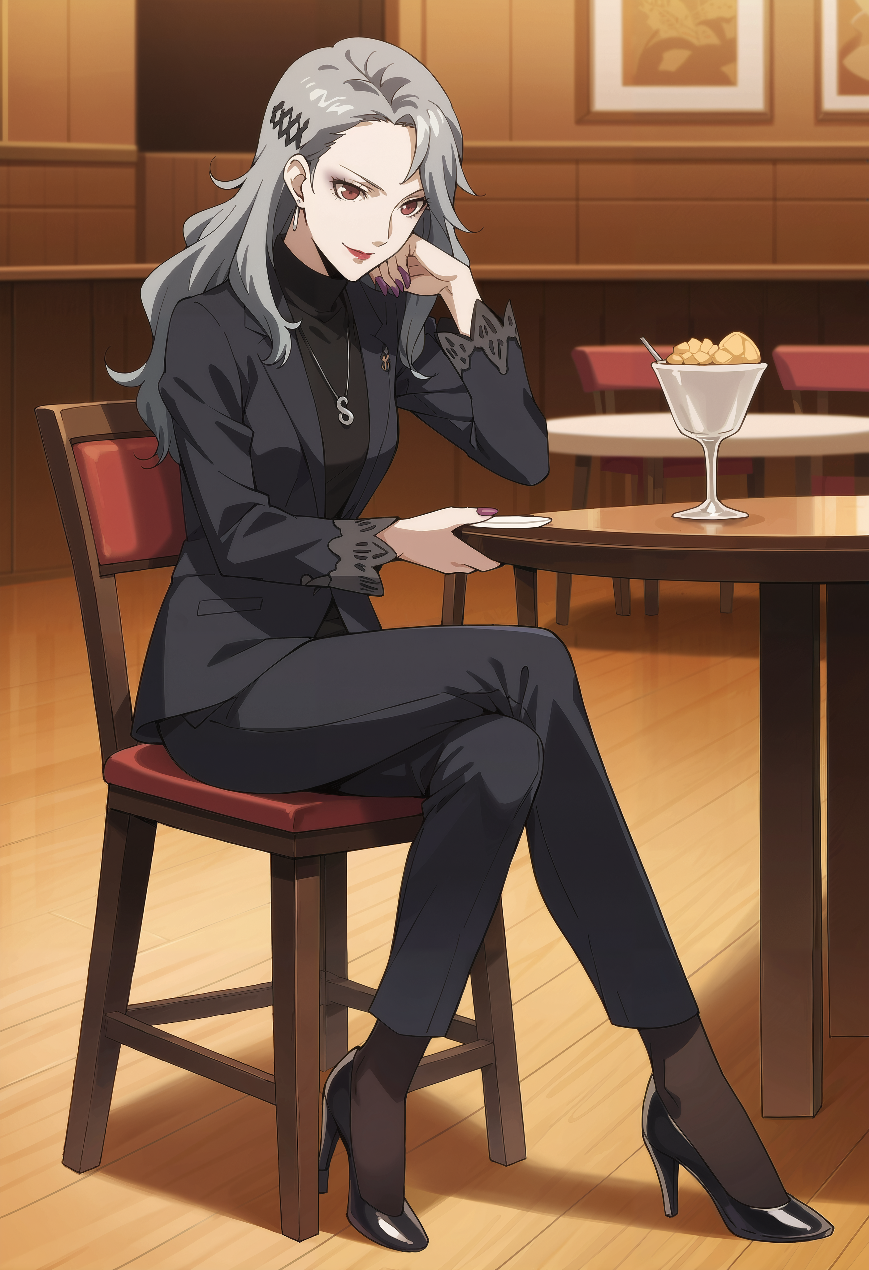 score_9, score_8_up, source_animem
1 girl, solo, cute face,
p5sae, sae niijima, long hair, grey hair, lipstick, makeup, earrings,
p5sae, p5sae-default, pendant, pant suit, formal, turtleneck, suit, nail polish, high heels, black footwear,
cafe, sitting, chair, coffee, leaning back, smiling, relaxing, legs crossed,
masterpiece, best quality, ultra detailed,