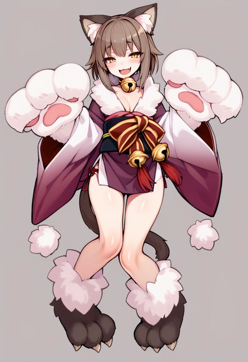 masterpiece, best quality,<lora:MonsterGirlXL_ANI31_lokr_V43P1NF:0.95> 1girl, animal ears, solo, tail, multiple tails, animal hands, cat ears, yellow eyes, bell, brown hair, cat tail, japanese clothes, two tails, short hair, heart tail, cat paws, nekomata, simple background, fang, open mouth, kimono, heart, smile, full body, jingle bell, monster girl, white background, neck bell, claws, short kimono, blush, looking at viewer
