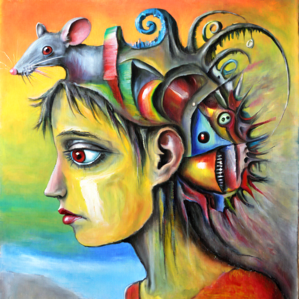 corcoc2s colorfull rat in girl's head ââimagination surrealist<lora:corcoc2s:1>