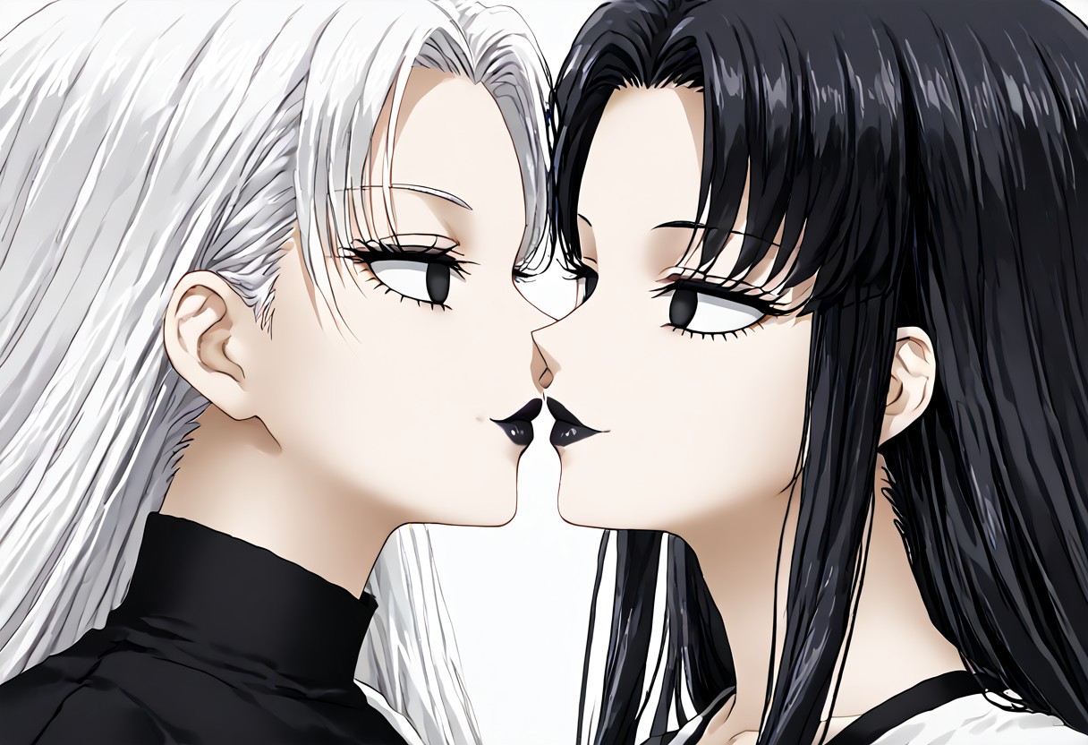 anime, empty eyes, hypnotized, lipstick, black lipstick, white lipstick, glossy lips, two females, adult, casual dress, long hair, black hair, white hair, black eyes, white eyes, twins, close up, kiss, kissing, kiss on lips, kissing on lips, sexy smile