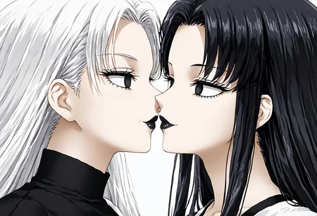 anime, empty eyes, hypnotized, lipstick, black lipstick, white lipstick, glossy lips, two females, adult, casual dress, long hair, black hair, white hair, black eyes, white eyes, twins, close up, kiss, kissing, kiss on lips, kissing on lips, sexy smile