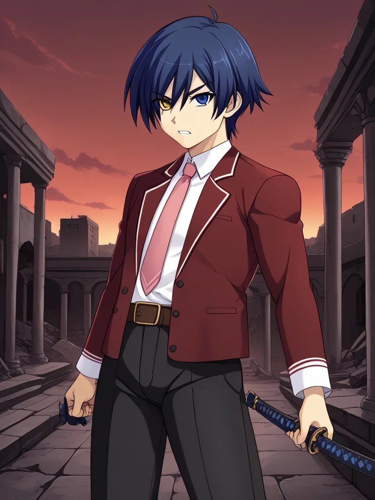 1boy, solo, kakerueleveneyes, blue hair, short hair, ahoge, yellow eyes, blue eyes, heterochromia, red blazer, white shirt, pink necktie, brown belt, black pants, school uniform, holding, katana, outdoors, ruins, city, red sky, night, serious, teeth,