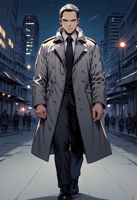 score_9, score_8, score_7, sinozick style, (city background), night, dramatic light, sketch, 1man, walking, mature, blue eyes, black trenchcoat, grey coat, black tie, white shirt, black pants, black shoes, irritated, hold a gun, aiming the viewer, close-up