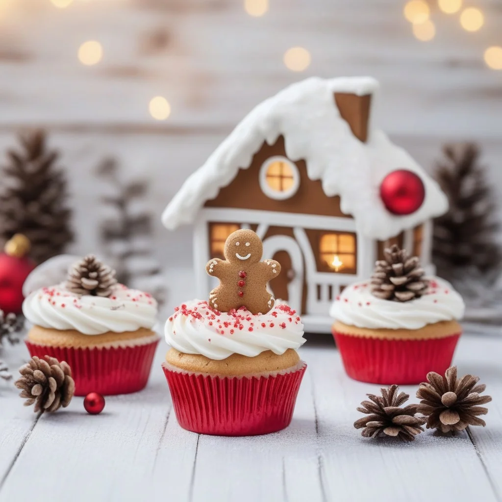 Christmas cupcakes with WHITE frosting and cute GINGERHOUSE on,
on white wood rustic table,
Decoration with natural elements,
twigs,
pine cones and cookies panorama with magic bokeh lihgts,
red shiny ornaments,
snowing