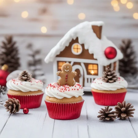 Christmas cupcakes with WHITE frosting and cute GINGERHOUSE on,
on white wood rustic table,
Decoration with natural elements,
twigs,
pine cones and cookies panorama with magic bokeh lihgts,
red shiny ornaments,
snowing