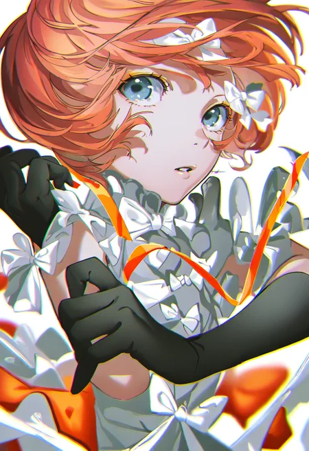 1girl, solo, short hair, gloves, chromatic aberration, looking at viewer, white background, bow, dress, blue eyes, simple background, black gloves, white bow, parted lips, orange hair, white dress, red hair <lora:yoneyamaiXL_NBVP1_lokr_V6311P:0.95>