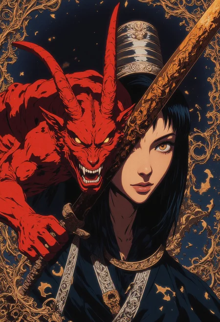 masterpiece, ultimate detailed, tiny finnest details,
Fierce japanese female warrior is holding a reflective shiny (katana:1.3) in front of her face, (an ancient mythical Japanese demon is reflected in the katana blade:1.6),
<lora:MJanime_Flux_LoRa:0.25> anime style <lora:NeonFantasyFLUX:0.5> ne0nfant4sy <lora:Flux1-impossible_geometry_V1.0:0.4> <lora:flux.1_lora_flyway_Epic-detail_v2:0.7> . <lora:ImageUpgraderV2:0.3>