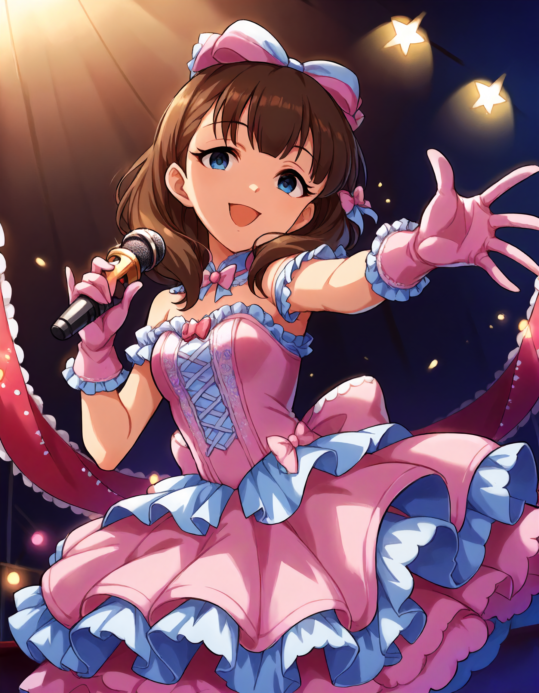 score_9,score_8_up,score_7_up,1girl,solo,cowboy shot,looking at viewer,smile,open mouth,holding microphone,reaching towards viewer,stage lights,
<lora:sakumamayu_ponyXLV6:0.8>,cgsmmy,
brown hair,medium hair,blue eyes,
hair bow,pink dress,pink gloves,frills