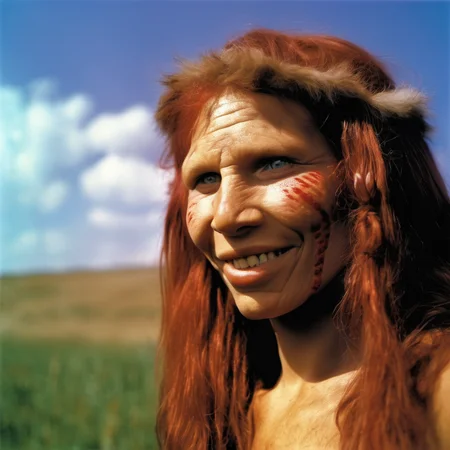 neanderthal woman, primitive clothing, meadow, blue sky,red hair <lora:sdxl-neanderthal_captions:0.8> neanderthal woman, looking at viewer, long hair, smile, upper body, realistic, 1girl, closed mouth, lips
