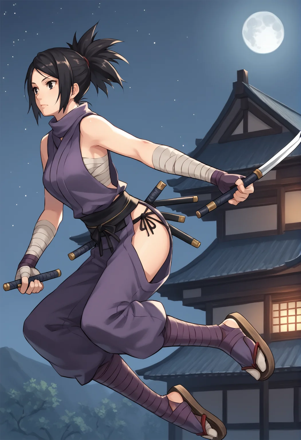 1girl, solo, medium hair, black hair, black eyes, ponytail, ayame3, ninja, japanese clothes, bare shoulders, fingerless gloves, pants, hip vent, legwear bandages, tabi, sandals, purple clothes, night, night sky, moon, outdoors, jumping, rooftop, japanese castle <lora:Ayame_Tenchu:1>, score_9, score_8_up, score_7_up, score_6_up, score_5_up, score_4_up, BREAK source_anime, masterpiece