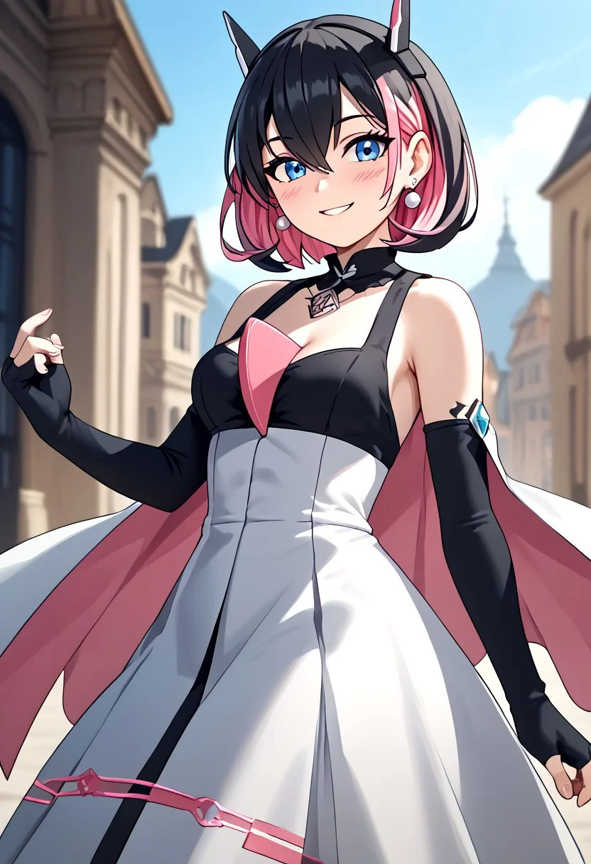 score_4,score_5,score_6,score_7_up,score_8_up,score_9 ((masterpiece,best quality,ultra detailed,highres,HD,4k:1.2)),
1 girl,solo,face focus,
((Hair between the eyes,), gardevoir, human,
short hair,black hair,multicolored hair,Inner color pink hair,blue eyes,tattoo,black head gear,earrings,very small breast,
Elbow gloves,long skirt,Bare shoulders, corsets,cape,fingerless gloves,jewelry,
smile,.blush,light smile,