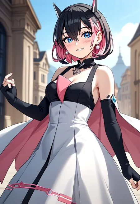 score_4,score_5,score_6,score_7_up,score_8_up,score_9 ((masterpiece,best quality,ultra detailed,highres,HD,4k:1.2)), 
1 girl,solo,face focus,
((Hair between the eyes,), gardevoir, human,
short hair,black hair,multicolored hair,Inner color pink hair,blue eyes,tattoo,black head gear,earrings,very small breast,
Elbow gloves,long skirt,Bare shoulders, corsets,cape,fingerless gloves,jewelry,
smile,.blush,light smile,