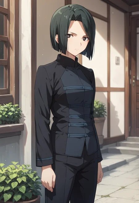 score_9, score_8_up, score_7_up, , score_ANIME, 1girl,, maiya, 1girl, solo, black hair,black suit, black eyes, bob cut, pants, cowboy shot, <lora:hisau_maiya_pony2:0.9> looking at viewer,