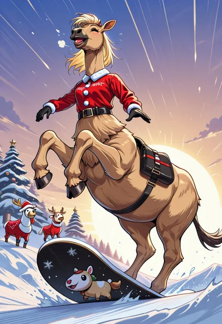 masterpiece, best quality, high quality, good quality, camel, camel punk, christmas outfit, snowboarding, christmas animals, d2j3m0x
