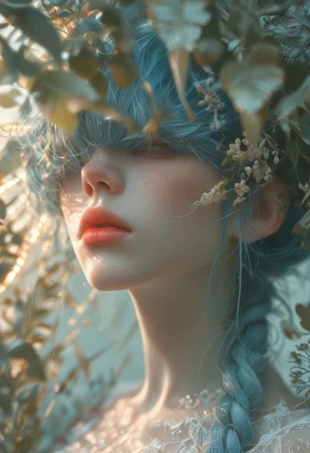 (Score_9:1.1), score_8_up, score_7_up,
(limited lighting, high contrast, laser beams, highres, closed_mouth:1.4, absurdres)
Fl0ralD0lls
solo, bunny ears, human woman, curious, (ferns:1.3), realistic, focus on face, hime cut, pacific blue hair, (hair over eyes:1.4),((hair in very long single braid)), big lips, full lips, glossy lips, matte skin, matte colours