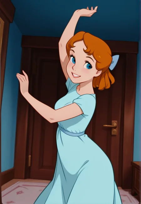 masterpiece, best quality, amazing quality, very aesthetic, absurdres, newest, detailed background, cowboy shot, indoors, dynamic angle, bedroom, (perfect eyes, beautiful eyes, detailed eyes,:1.2)
wendyxd, 1girl, solo, dancing, blue dress, hairbow, blue footwear, medium breasts, blue eyes, looking at viewer, smile,
<lora:Wendy_Darling_-_Disney_Illustrious:1>