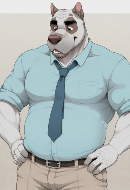 masterpiece, best quality, amazing quality, solo, 1boy,
Emery_Waldren, anthro pitbull, furry, muscular, blue collared shirt, tan pants, belt, mature male, muscular male, animal ears, muscle gut, plump gut, tie, white background, hands on hip, stubble,