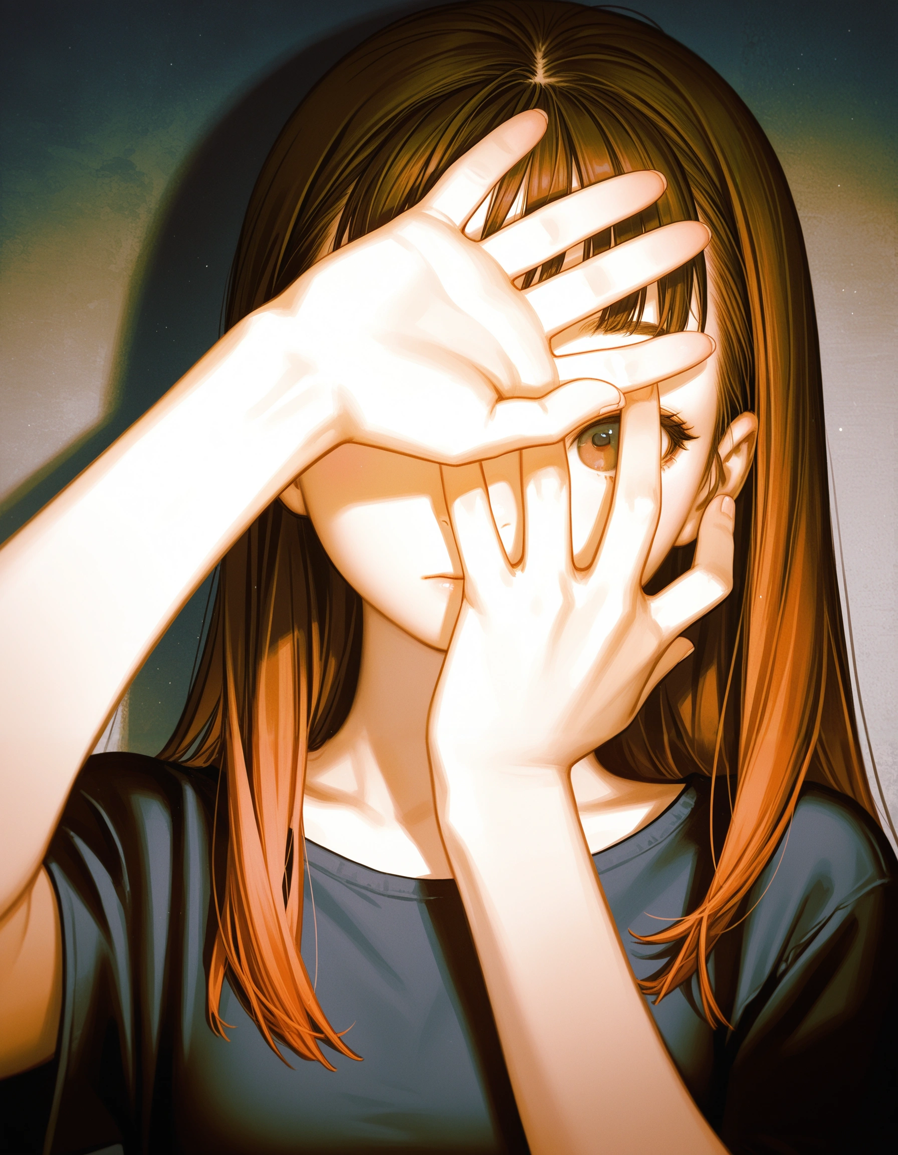 1girl,
hand up, covering face, 
vignetting contrast,
nagu, (murata range:0.6), alzi xiaomi, 
masterpiece, very awa
<lora:concept_flasheffect-ill-vpmini:1>