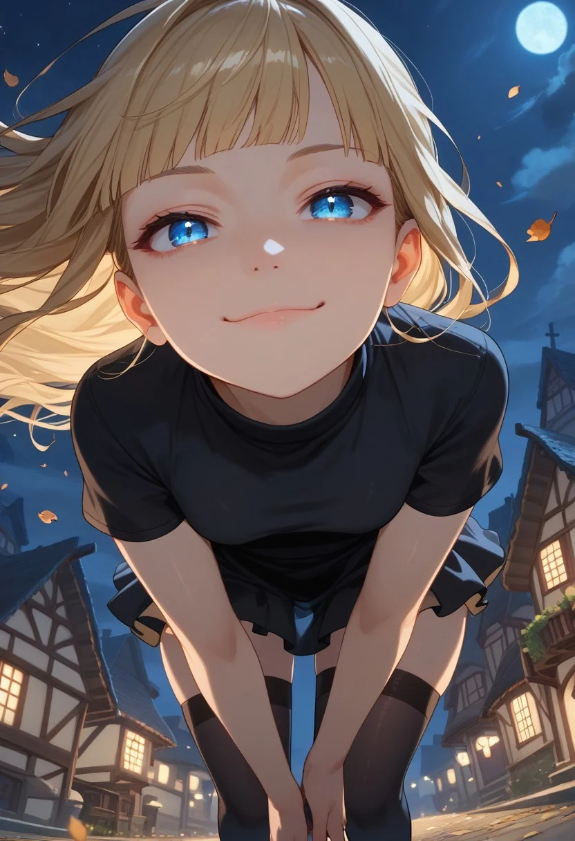 (score_9, score_8_up, score_7_up), shiny skin,
black dress, short sleeves, pleated dress,
1girl, solo, blonde hair, blue eyes, long hair, hime cut, small breasts, collarbone, windy hair, wind, flying leaves,
BREAK, from above, (face focus, close-up:1.4), from below,
standing, (dutch angle:1.2), (black stockings, thighhighs, focused face:1.1),village, night, moonlight, magic lights, smug