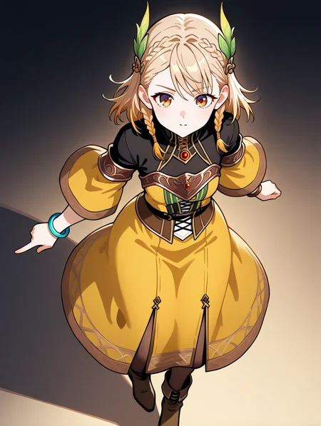perfect quality,best quality,absolutely eye-catching,ambient occlusion,raytracing BREAK
1girl,<lora:rutea IL v1.2:0.8>,rutea,brown eyes,medium hair,braid,hair ornament,black shirt,yellow dress,wide sleeves,bracelet,boots,pantyhose,solo,long skirt,, from above,full_shot,standing,pointing_at_viewer,arms_at_sides,legs_up,