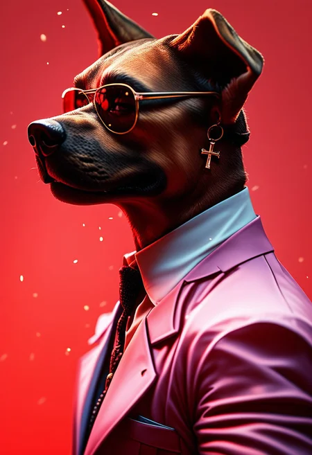 (score_9, score_8_up), score_7_up, (((dog))), simple background, wearing sunglasses, jewelry, upper body, necklace, from side, cross, red background, suit, pink theme, gangster style, 
, 
depth of field, blurry background, black background, dark, CINE, embers, 
 <lora:unholy-000009:0.75>   <lora:CINE-000008:0.5>
