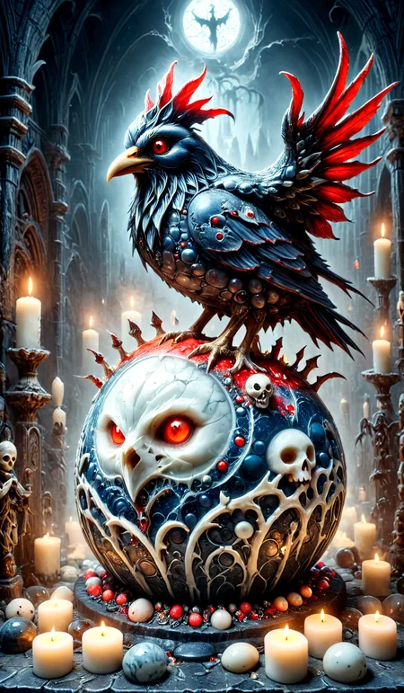 made of marbles, <lora:Marbles_World_r1:1>, A monstrous gothic chick, sculpted entirely from jagged white marble, emerging from a cracked demonic Easter egg. Black mist pours from the cracks, glowing red veins pulse across its form. Perched on a ritual altar surrounded by candles, bones, and ancient texts. Dark fantasy, ultra-detailed. dark fantasy, gothic, <lora:GothicDetailEnhancerV1:0.95>, <lora:add-detail-xl:0.75>,