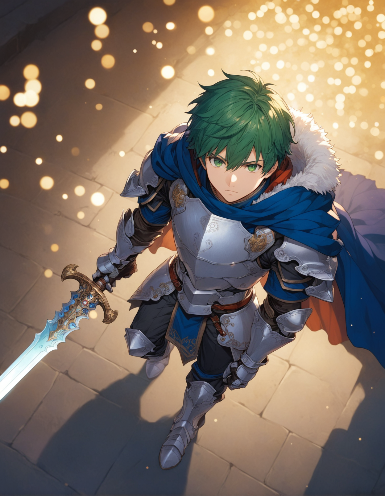 fire_emblem_heroes_xl, alm, ascent, dynamic pose, weapon, 1boy, male focus, green hair, solo, sword, armor, fur trim, cape, gloves, full body, armored boots, holding sword, green eyes, boots, holding weapon, holding, from above,
8K, soft focus, (depth of field, bokeh:1.3),
very aesthetic, highres, intricate detail, cinematic lighting, amazing quality, amazing shading, detailed Illustration, official artwork, wallpaper,
extremely detailed eyes and face, beautiful detailed eyes,
<lora:aesthetic_anime_v1s:1>
<lora:Fire_Emblem_Style:1>