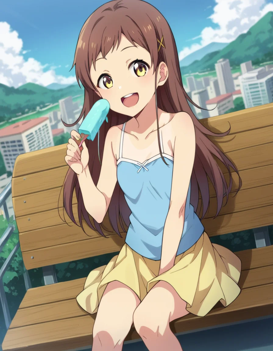 score_9, score_8_up, score_7_up, source_anime,
chiesayama, <lora:chie-sayama-ponyxl-lora-nochekaiser:1>
chie sayama, brown hair, yellow eyes, hair ornament, hairclip,
camisole, blue camisole, bare shoulders, collarbone, skirt, yellow skirt,
outdoors, cityscape, eating, smile, ice cream, sitting, bench, open mouth,
looking at viewer, dutch angle, cowboy shot,