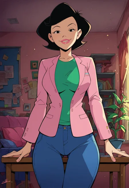 score_9, score_8_up, score_7_up, score_6_up, score_7_up, source_cartoon,BREAK, 1girl, susanlongv1, looking at viewer, pink lips, smile, black hair, black eyes, mature female, large breasts, curvy, squinting, green shirt,pink blazer,blue jeans, in the livingroom,evening, volumetric lighting, light particles