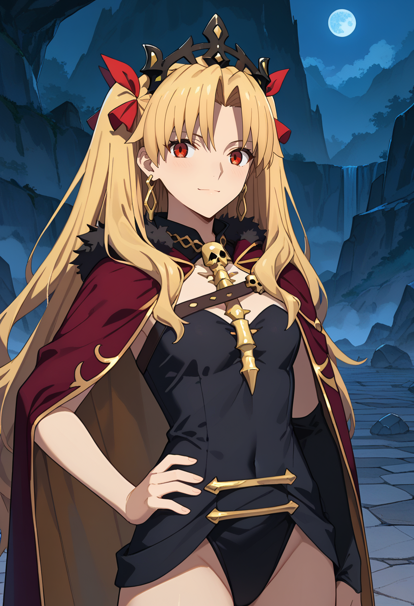 score_9, score_8_up, 
<lora:FateGrandOrder_EreshkigalXL:0.8>, EreshkigalFGO,
1girl, solo, closed mouth, light smile,
blonde hair, red eyes, parted bangs, two side up, earrings, tiara, hair ribbon,
black leotard, red cape, fur trim, skull, chest belt, single sleeve, elbow gloves, gold trim,
standing, looking at viewer, upper body, hand on own hip,
blue theme, cave, fog, dark, night, stone, cracked floor
