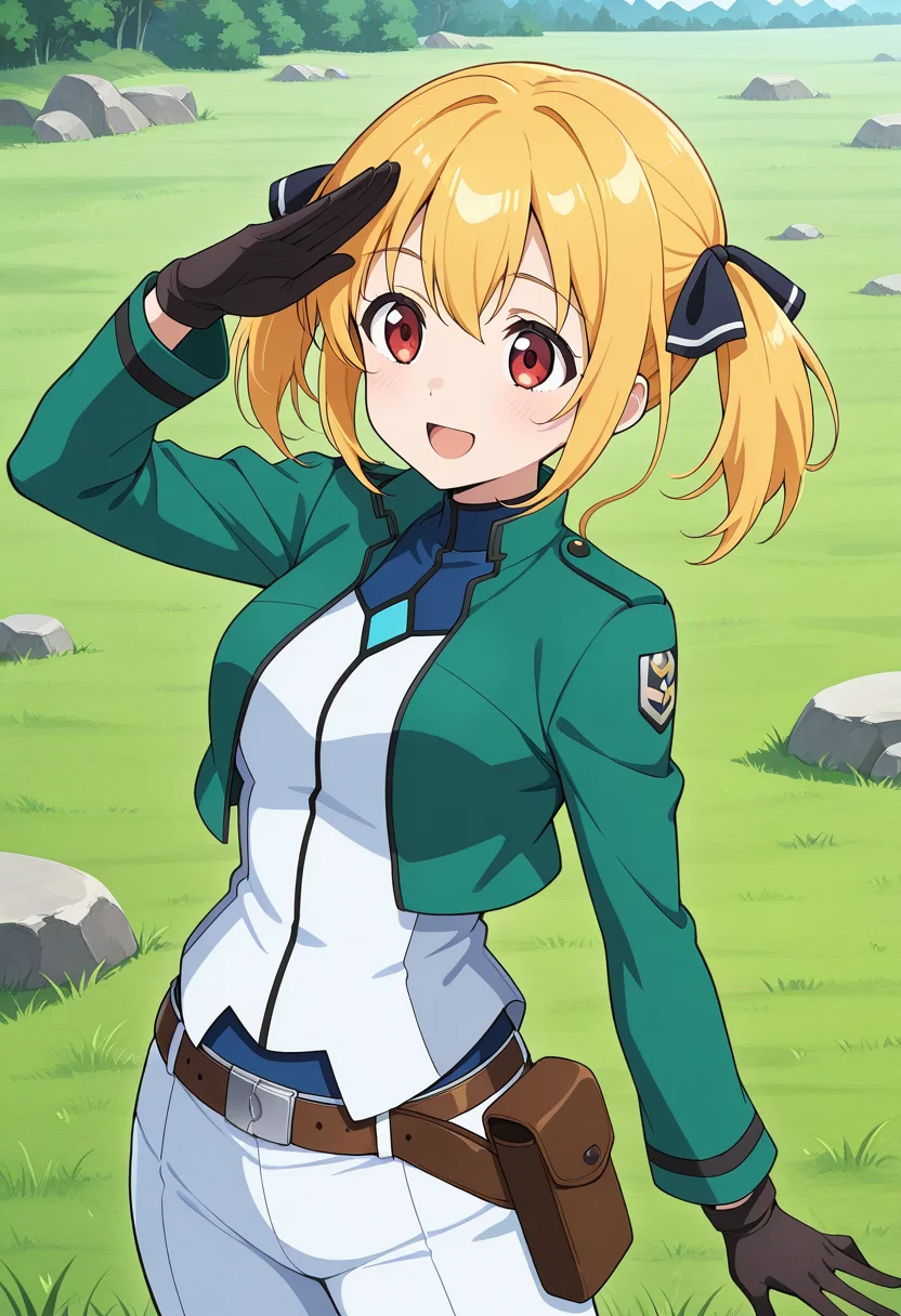 cbuniform, uniform, green cropped jacket, long sleeves, two-tone shirt, belt, white pants, two-tone pants, black gloves, 1girl, solo, lorelumilanru, blonde hair, short twintails, hair ribbon, red eyes, outdoors, grass, rocks, salute, open mouth, smile, standing, cowboy shot,