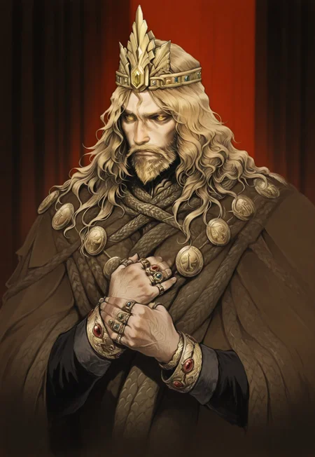 masterpiece, newest, absurdres, intricate, rykard_el, yellow eyes, facial hair, beard, blonde hair, crown, long hair, ring, jewelry, blonde hair, mustache, (solo_focus:1.2), by_kojima