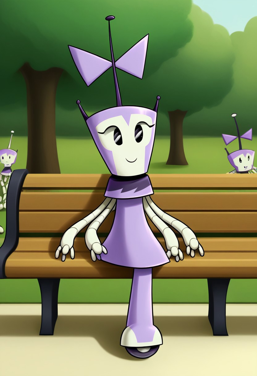 XJ-4_(MLAATR), 1girl, solo focus, female focus, robot, (four arms), purple bow, black and purple skirt, smile, black eyes, outdoors, park, two fingers, full body, sitting, sitting on bench, bench, arms at sides, kitchen, antenna,