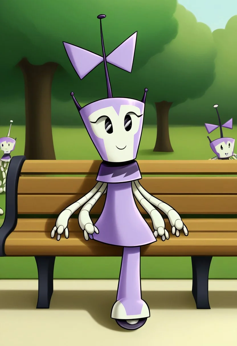 XJ-4_(MLAATR), 1girl, solo focus, female focus, robot, (four arms), purple bow, black and purple skirt, smile, black eyes, outdoors, park, two fingers, full body, sitting, sitting on bench, bench, arms at sides, kitchen, antenna,