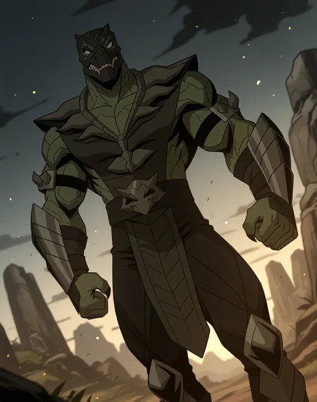 <lora:Reptile_(Mortal_Kombat_Legends_Scorpion's_Revenge)_(Illustrious)_(AD):1> Reptile_MK, muscular, Mortal Kombat,
dutch angle, exterior, monumental architecture, wasteland, dark night sky with black clouds, mountains, ancient Asian stone ruins,
male focus, gradient coloring, villain, intimidating, fierce, cowboy shot,
BREAK very awe, aesthetically pleasing, masterpiece, best quality, amazing quality, very aesthetic, perfect depth of field shot, in'ei, source_furry, furry_art,
Smooth Quality, lazympos, IllustQualXL_Pos,