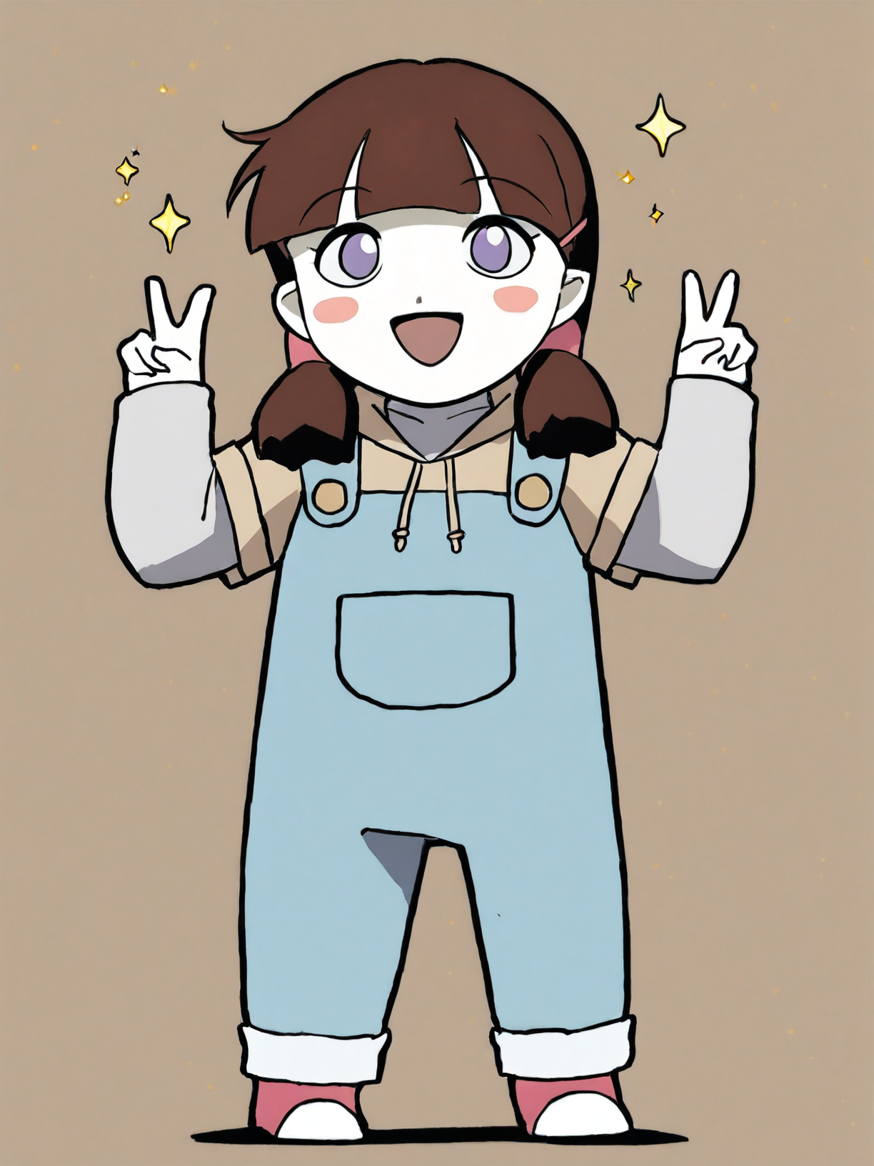 score_9, score_8_up, score_7_up, score_6, source_anime, 1girl, <lora:BigO_PDXLv1c Tami:1> tami_(the_big_o), pale skin, brown hair, blush stickers, purple eyes, twintails, hairclip, red white footwear, blue overalls, tan hoodie, gray long sleeves, hood up, big smile, happy, v, cute pose, sparkle, golden sparkles